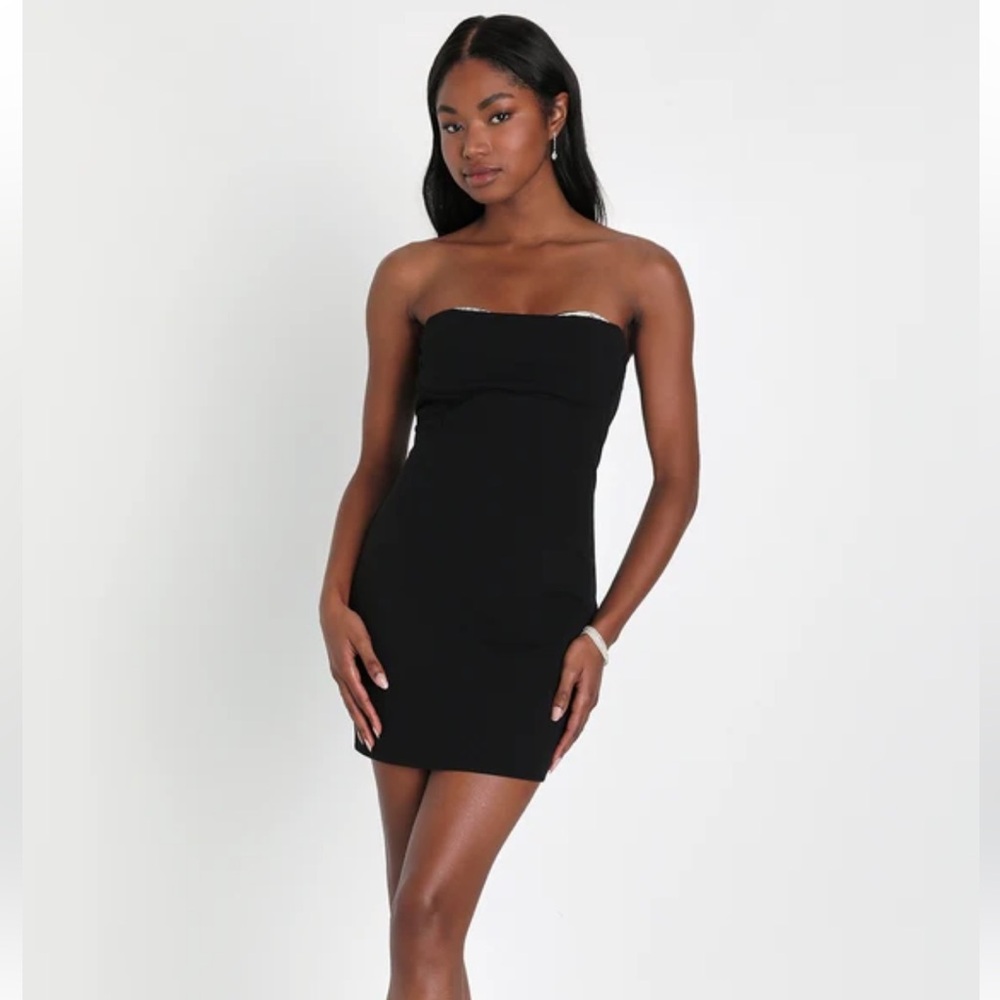 NWT Lulu's “Subtle Shine” Black Rhinestone Strapless Bodycon Mini Dress